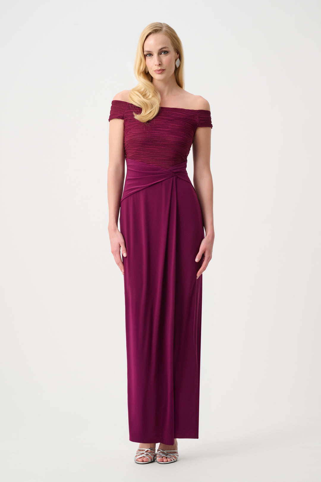 Silky Knit And Cascade Off-Shoulder Sheath Gown Style 261733F26