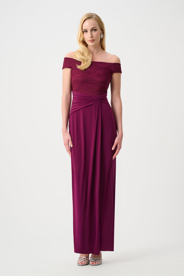 Silky Knit And Cascade Off-Shoulder Sheath Gown Style 261733F26