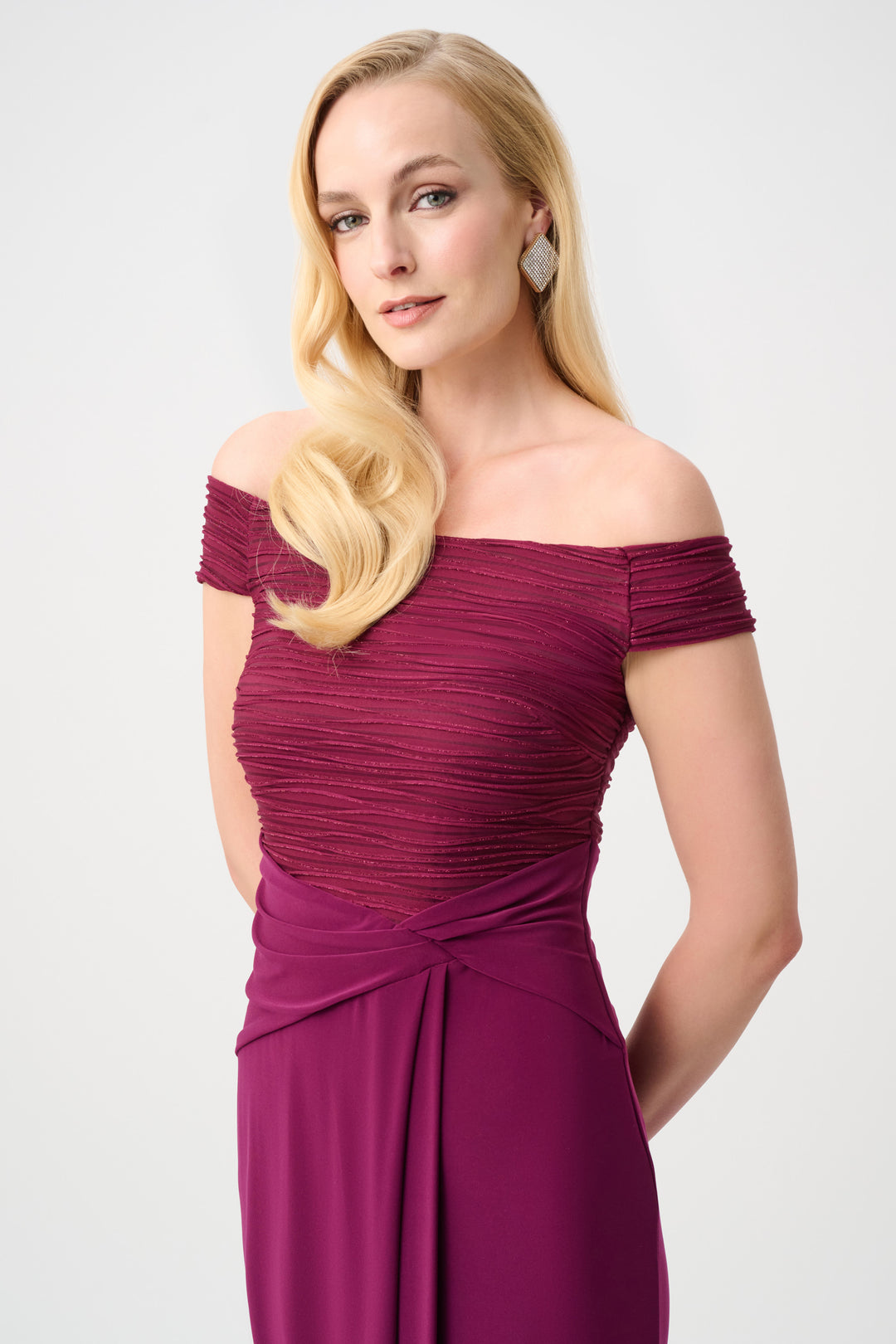 Silky Knit And Cascade Off-Shoulder Sheath Gown Style 261733F26