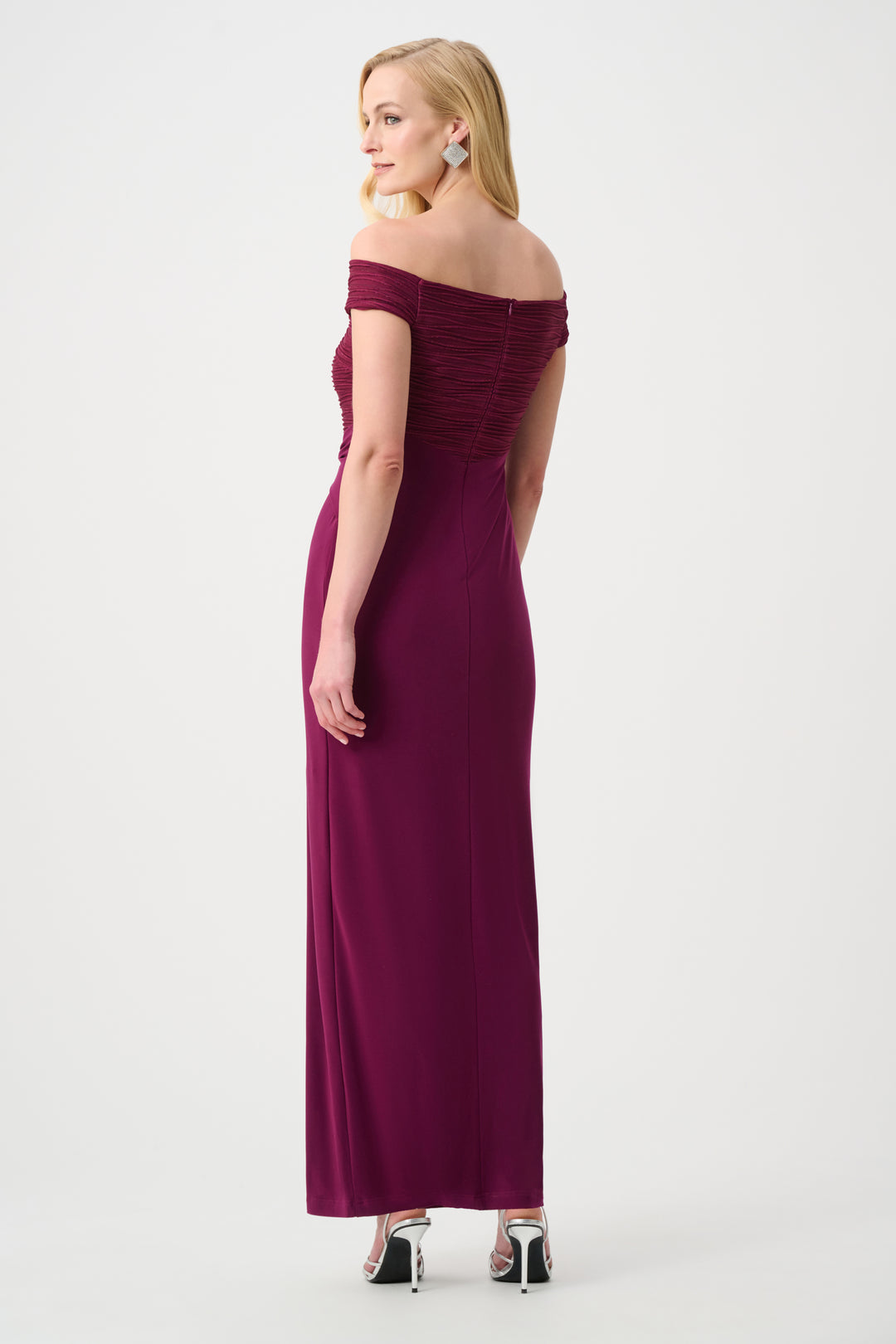 Silky Knit And Cascade Off-Shoulder Sheath Gown Style 261733F26
