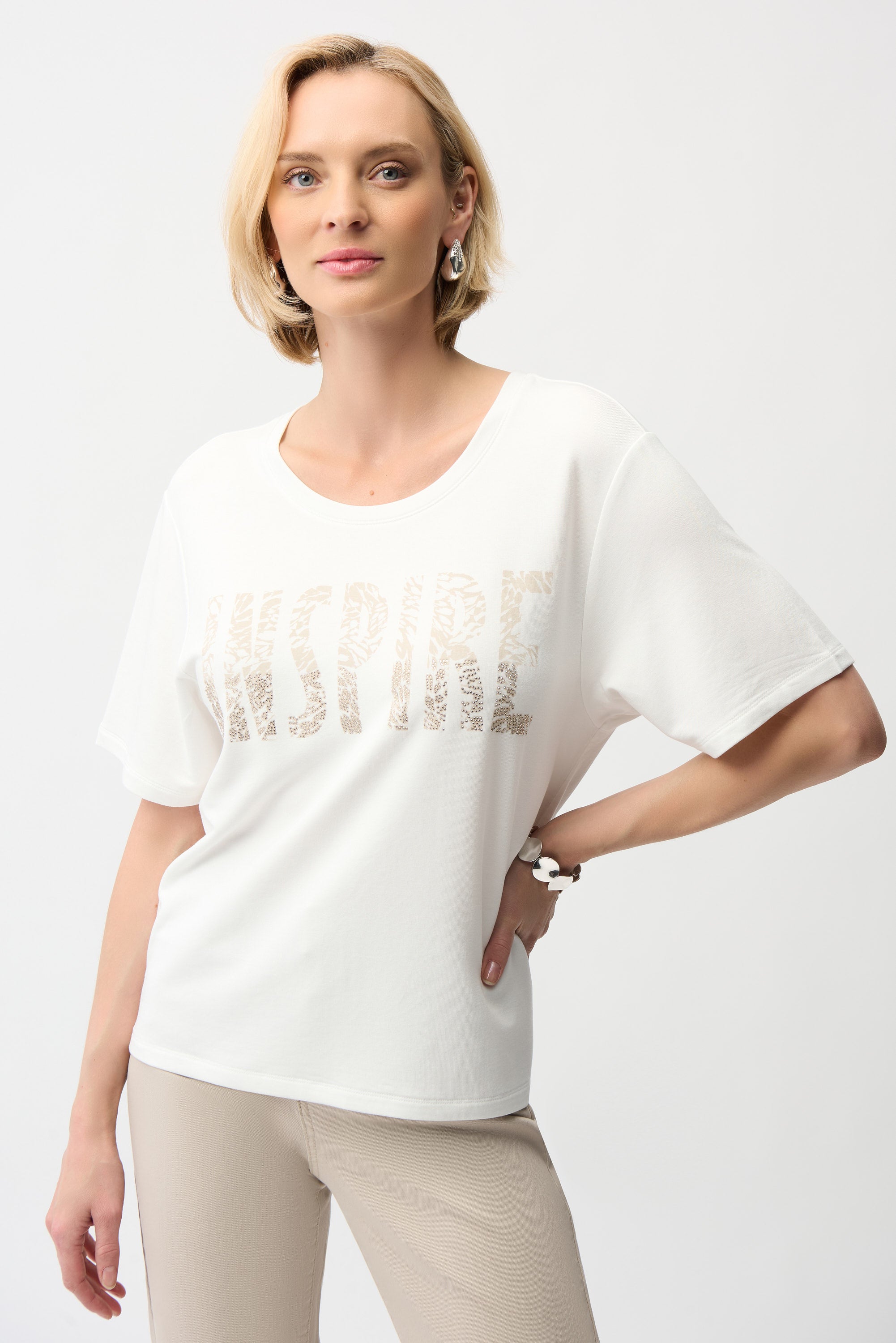 Front Print Straight T-Shirt With Rhinestones 261967 – TYH Boutique