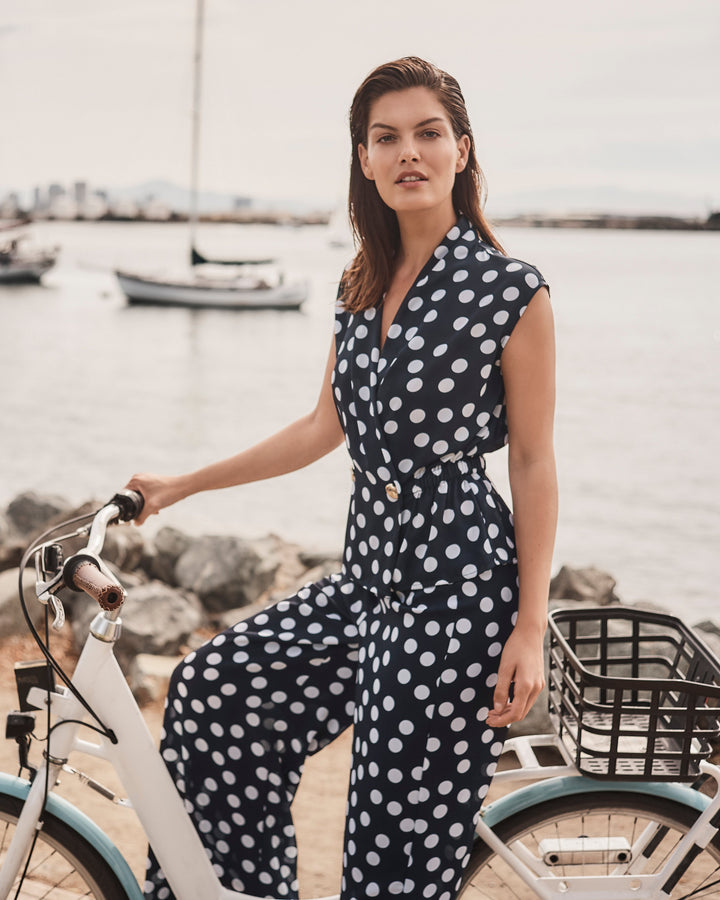 Georgette Dot Print Wrap Peplum Top With Gold Buttons 261250