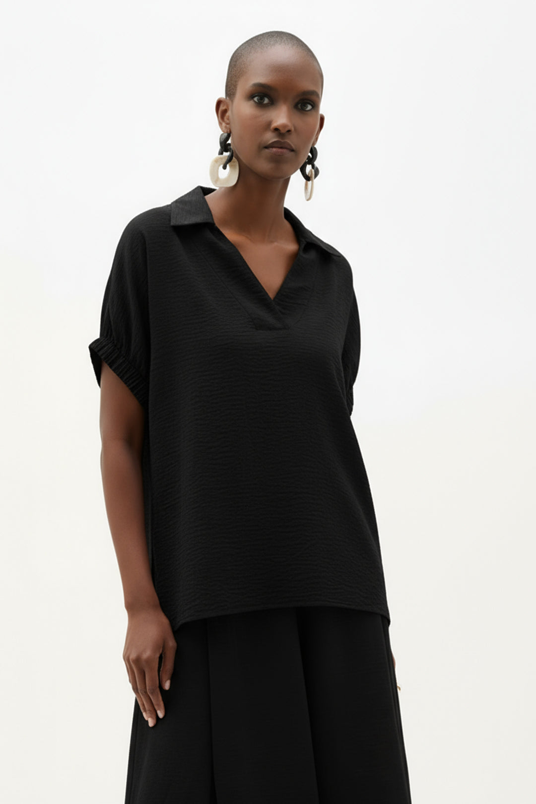 Woven Gauze Boxy Top With Shirred Sleeves 262078