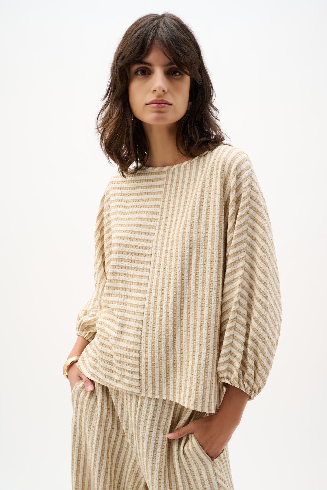 Woven Stripe Boxy Top With Boat Neck 262097