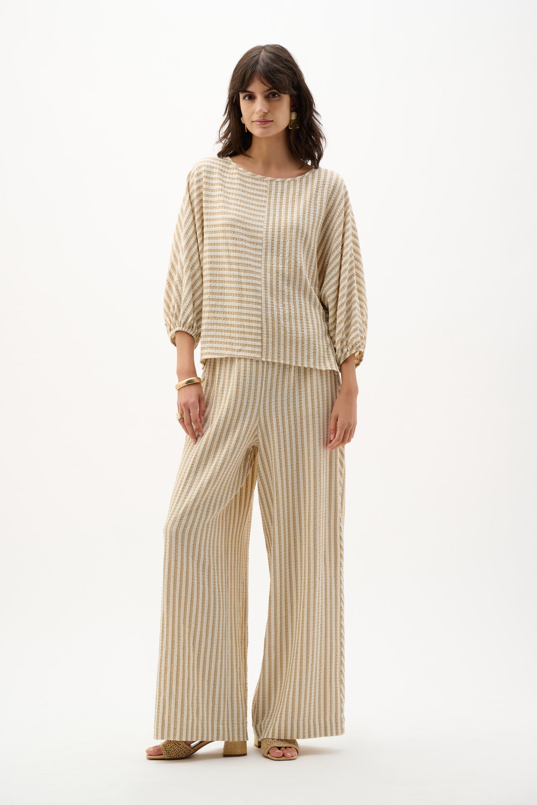 Woven Stripe Boxy Top With Boat Neck 262097