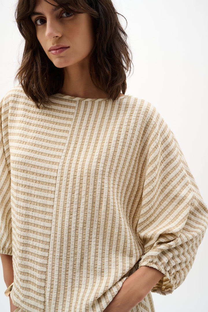 Woven Stripe Boxy Top With Boat Neck 262097