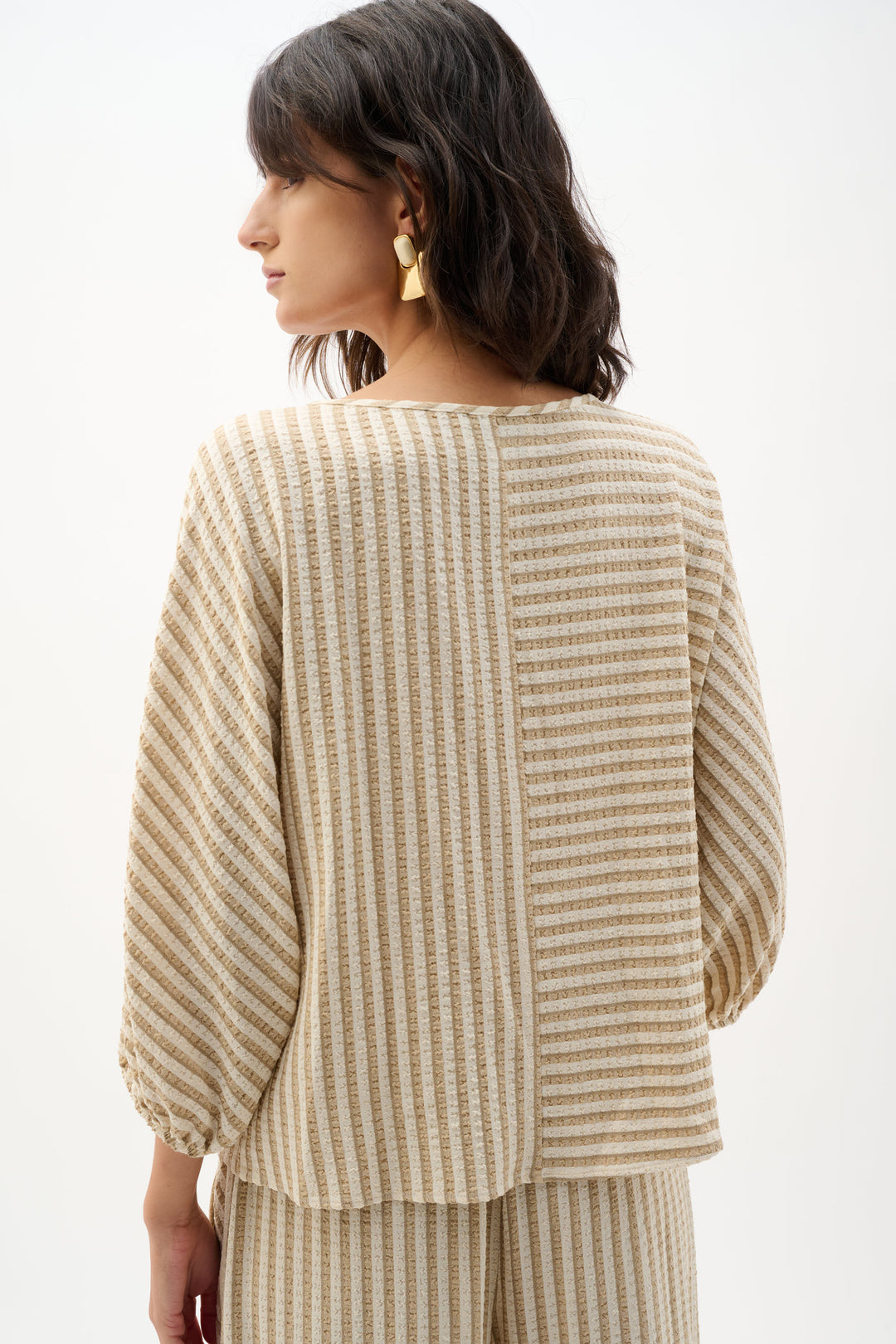 Woven Stripe Boxy Top With Boat Neck 262097