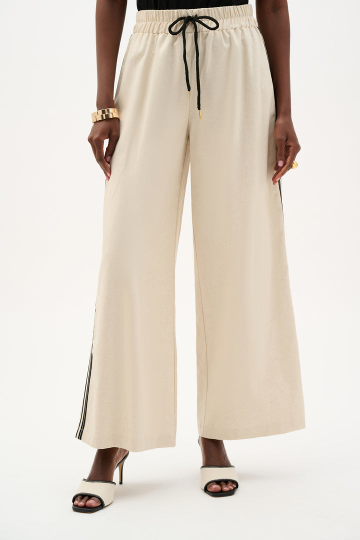 Woven Linen Wide Leg Pull-On Pants With Side Stripe 262099