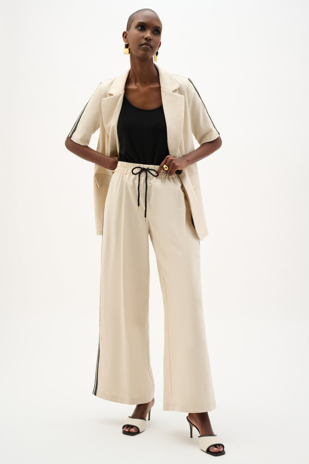 Woven Linen Wide Leg Pull-On Pants With Side Stripe 262099
