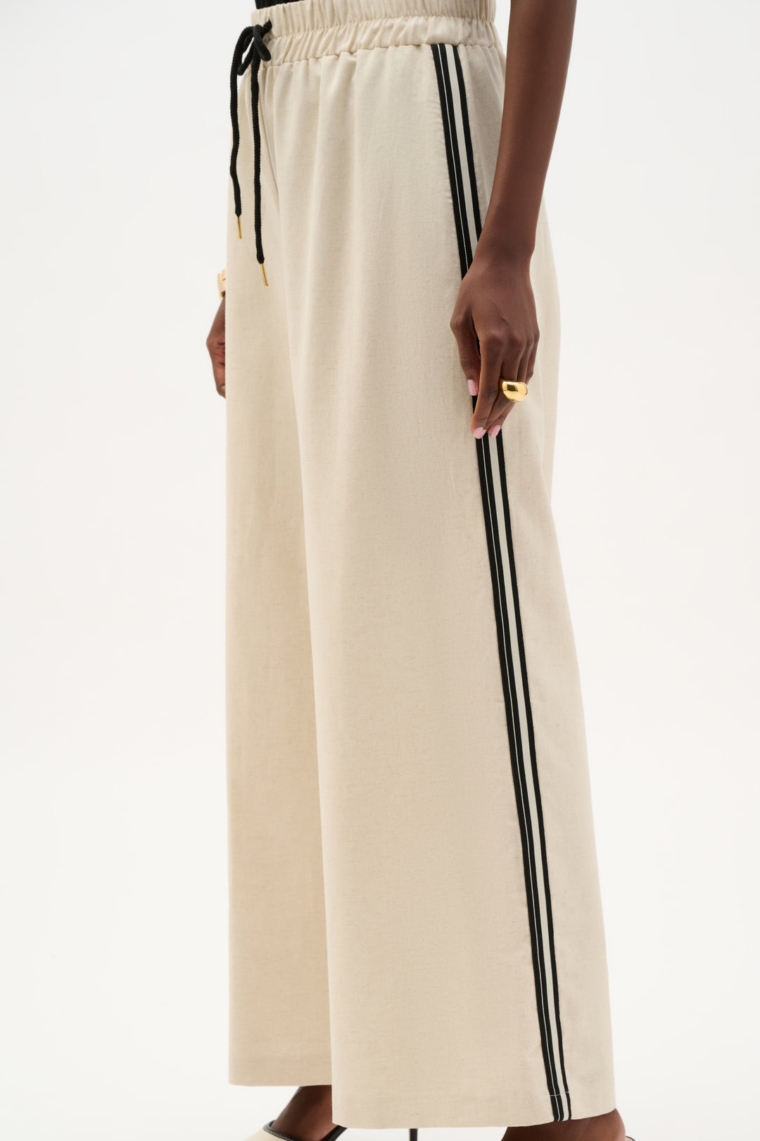 Woven Linen Wide Leg Pull-On Pants With Side Stripe 262099