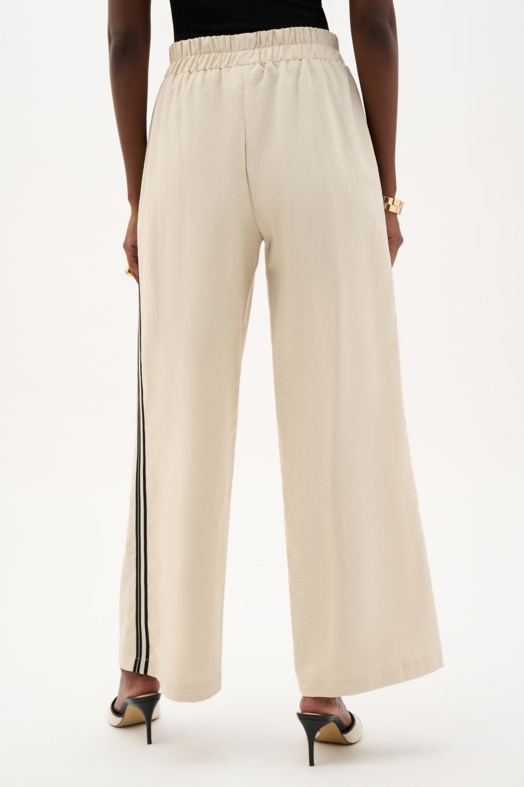 Woven Linen Wide Leg Pull-On Pants With Side Stripe 262099