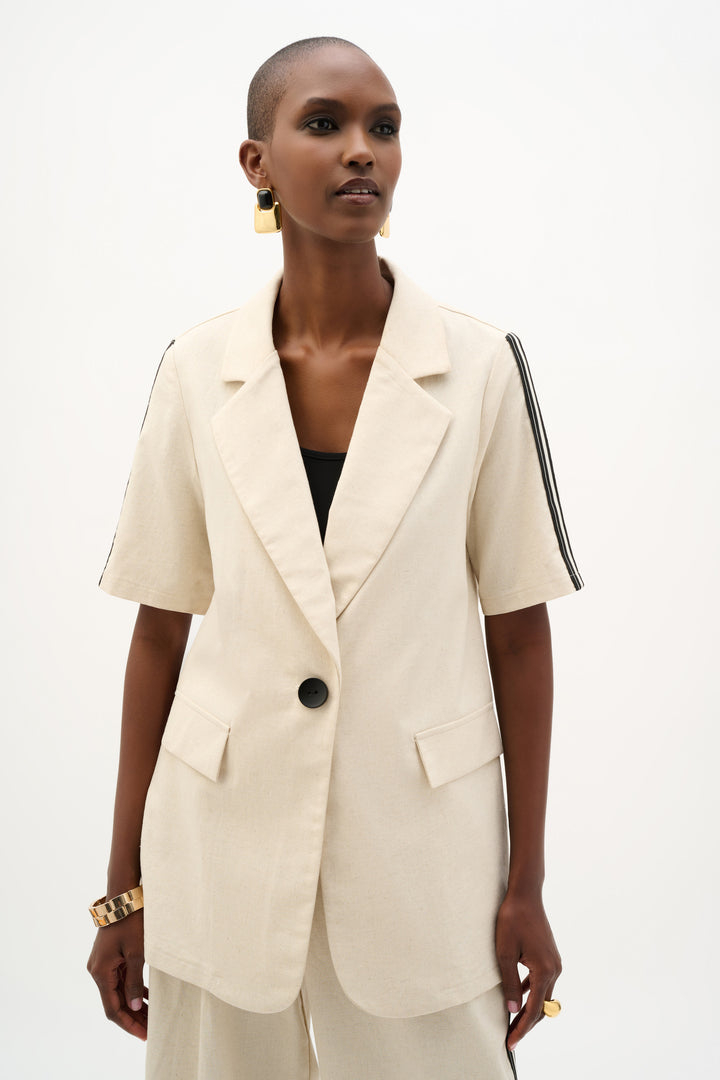 Woven Linen Straight Blazer With Stripe Trim 262100