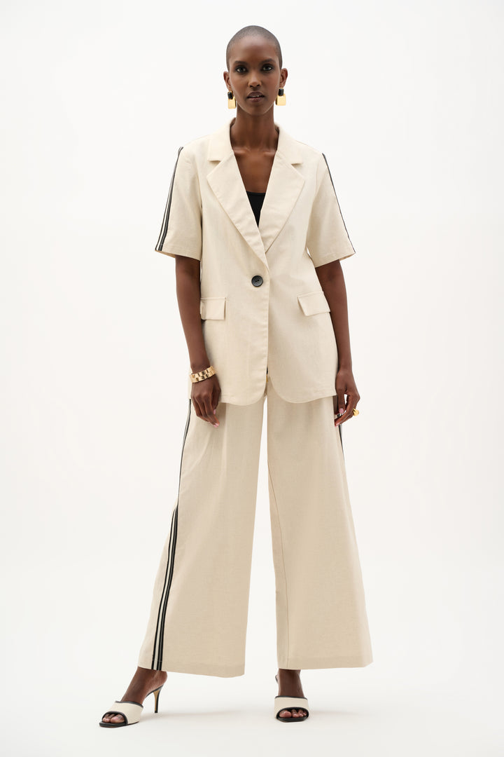 Woven Linen Straight Blazer With Stripe Trim 262100