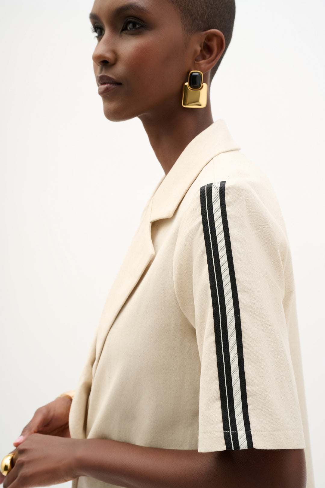 Woven Linen Straight Blazer With Stripe Trim 262100