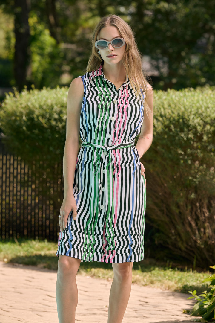 Woven Stripe Print Straight Dress With Waist Sash 262111