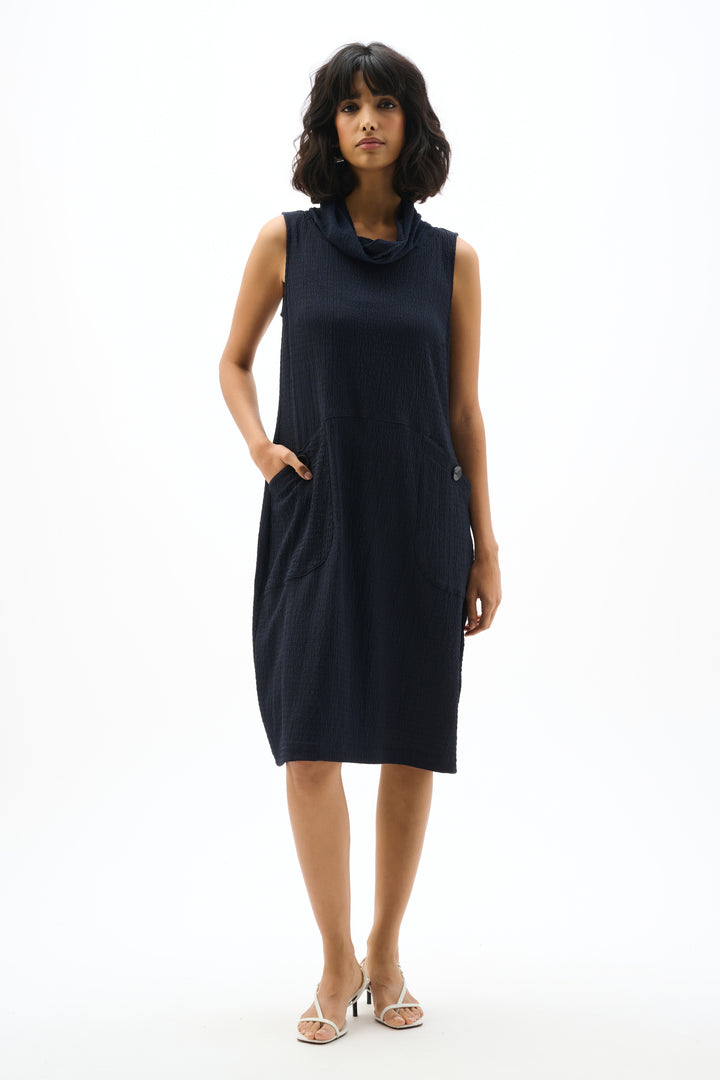 Textured Knit Trapeze Dress With Funnel Collar 262114