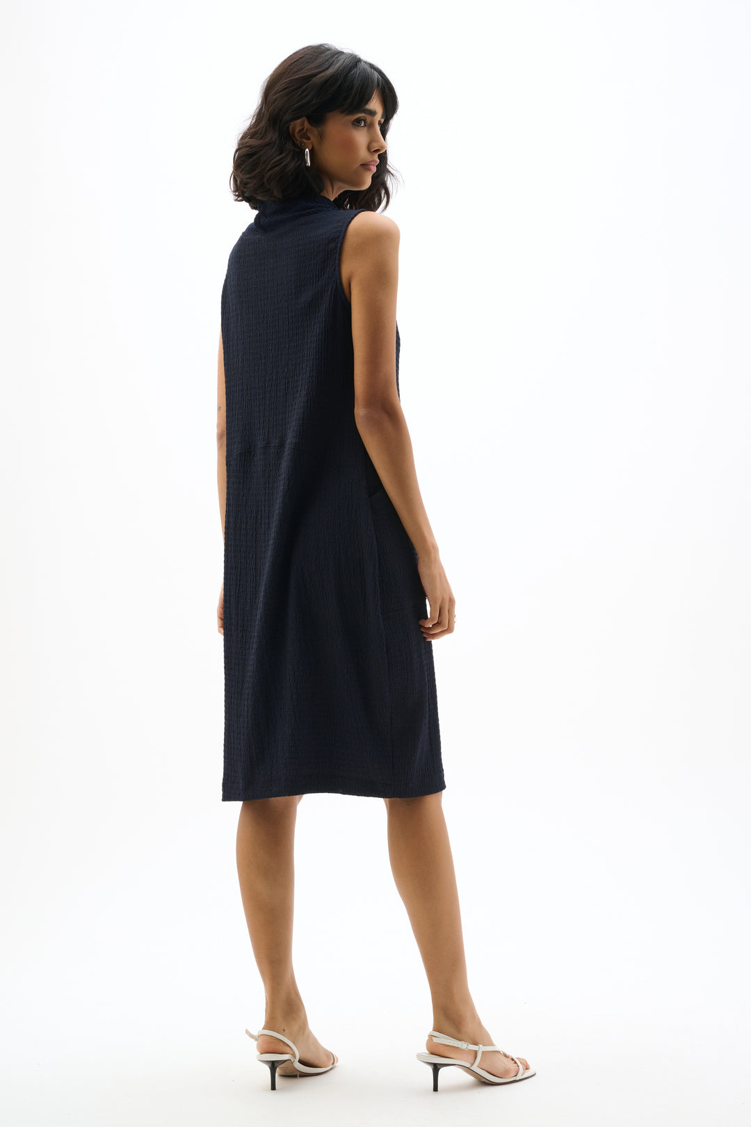Textured Knit Trapeze Dress With Funnel Collar 262114