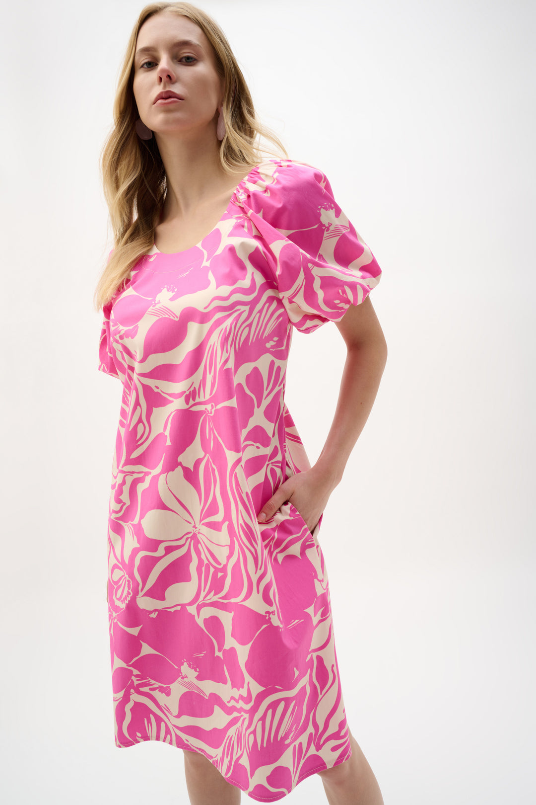 Stretch Cotton Floral Print Trapeze Dress 262127