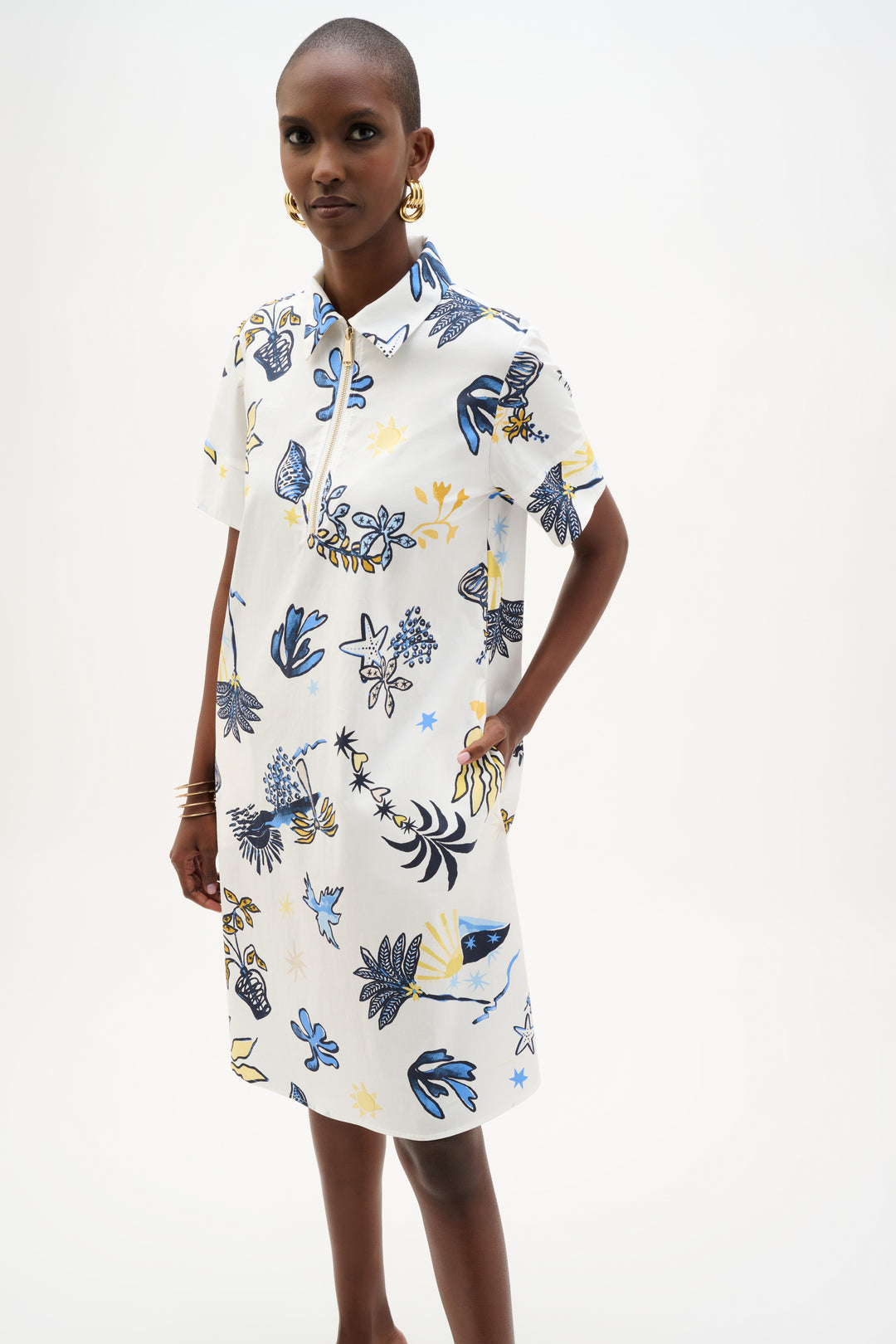 Stretch Cotton Tropical Print A-Line Dress 262139