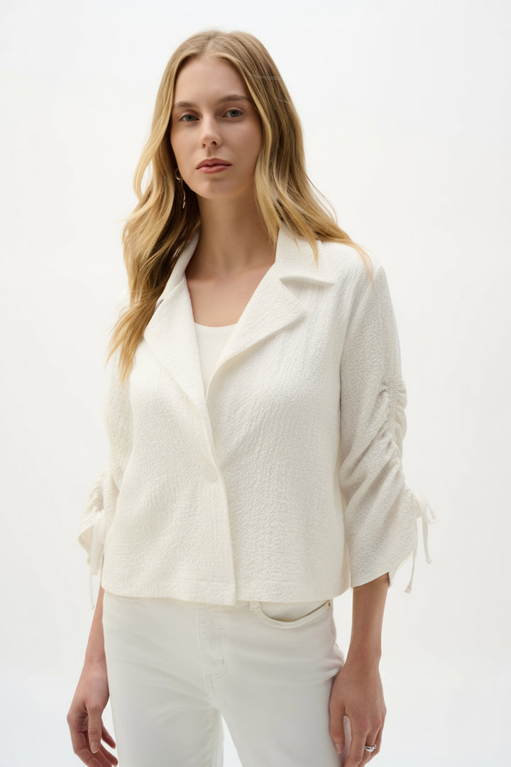 Woven Seersucker Boxy Blazer With Shirred Sleeves 262143