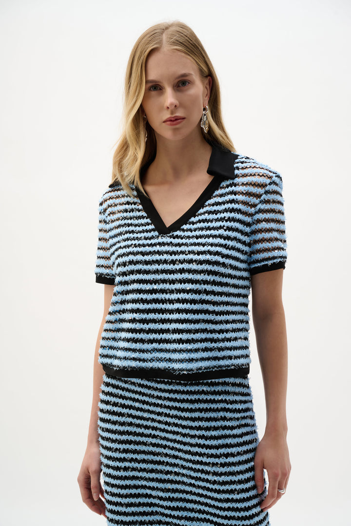 Novelty Stripe Boxy Top With Polo Collar 262147
