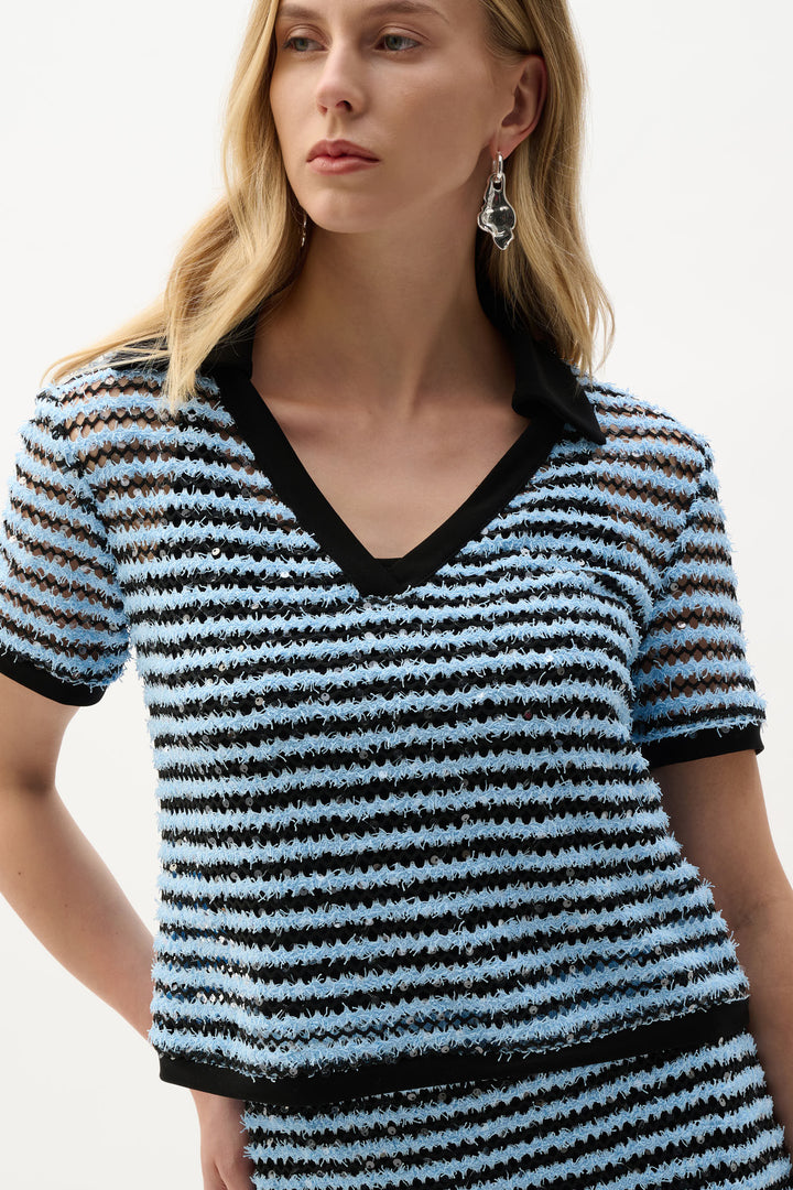 Novelty Stripe Boxy Top With Polo Collar 262147