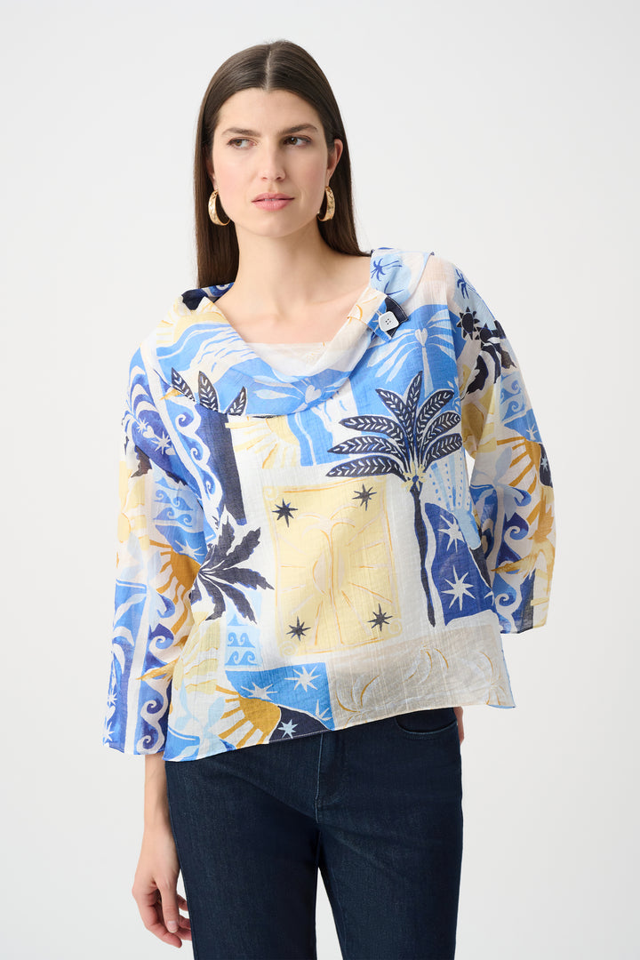 Sheer Woven Tropical Print Boxy Top With Cowl Neck 262151