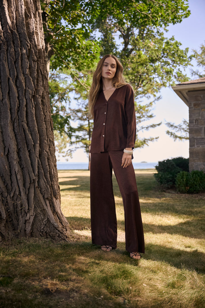 Crushed Satin Wide Leg Pull-On Pants With Drawstring 262152