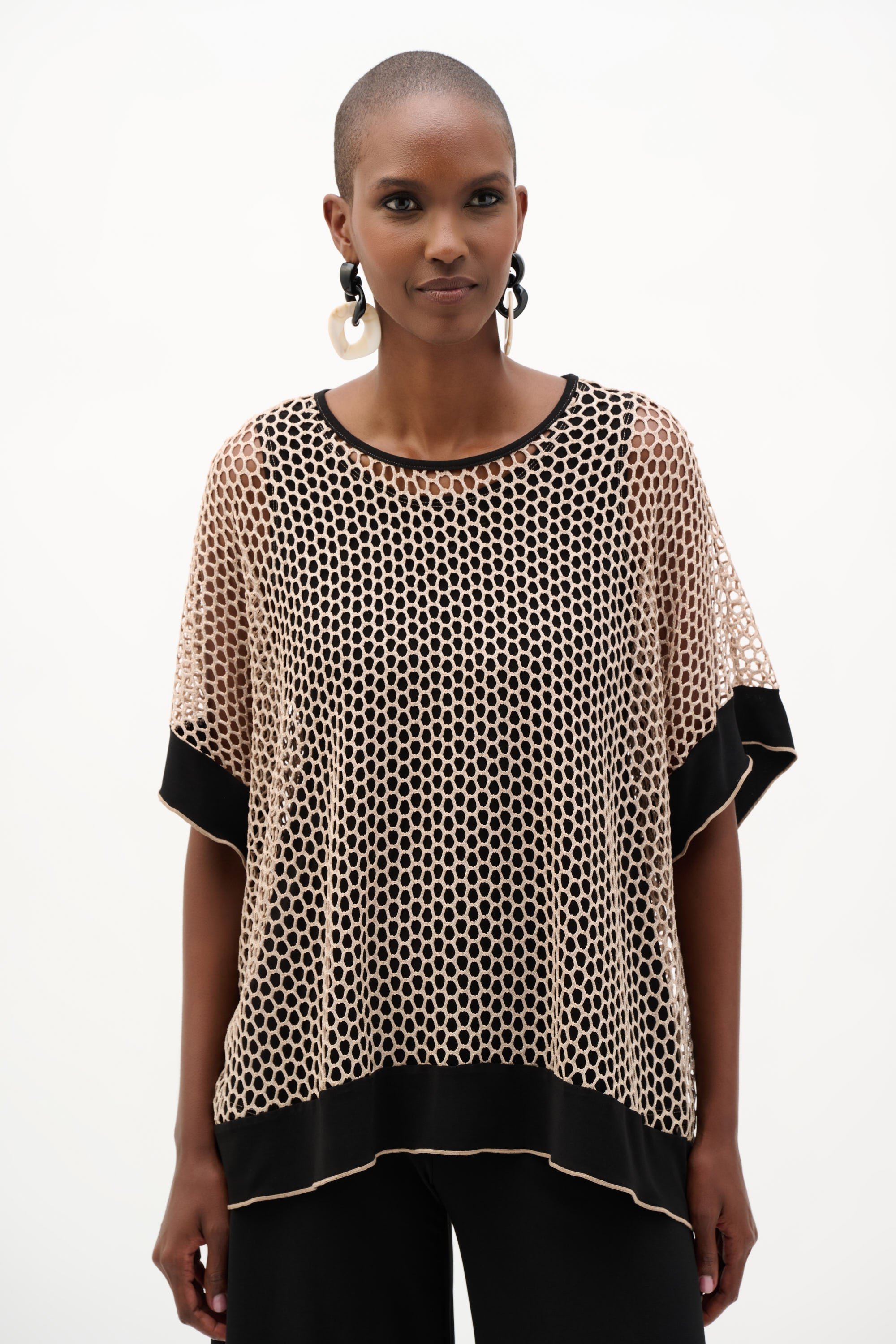 Joseph Ribkoff Silky Knit And Mesh Trapeze Top With Contrast Cuffs