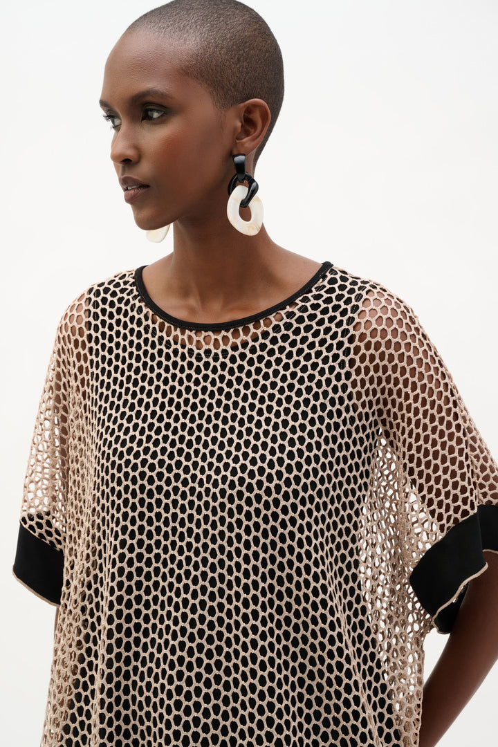 Silky Knit And Mesh Trapeze Top With Contrast Cuffs 262160