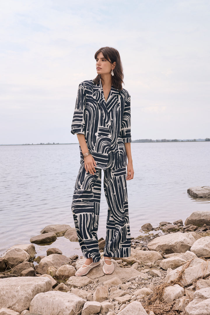Seersucker Abstract Print Wide Leg Pull-On Pants 262165
