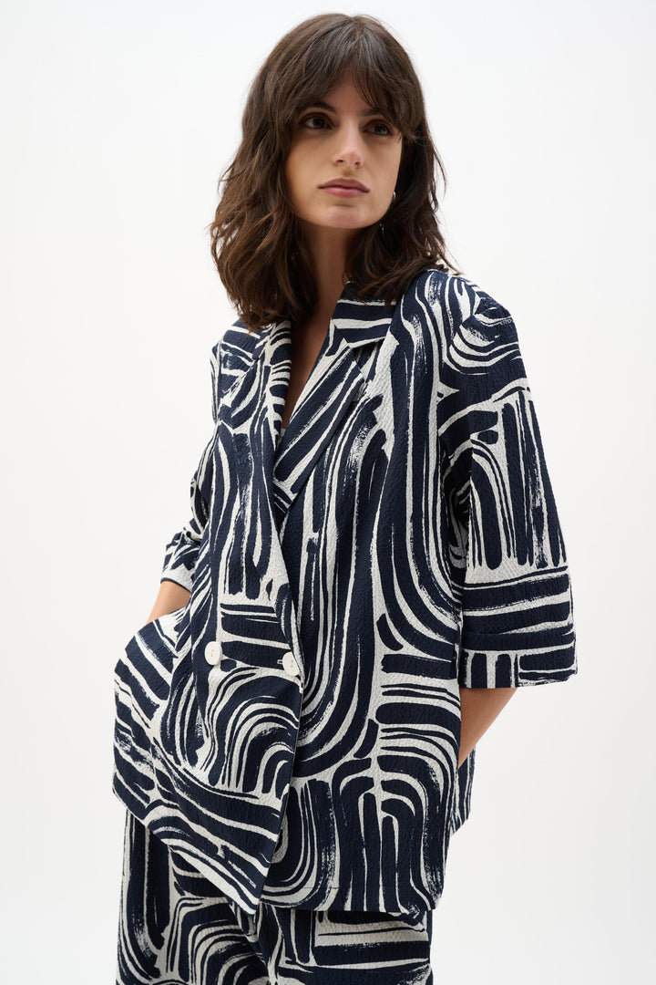 Seersucker Abstract Print Double-Breasted Blazer 262166