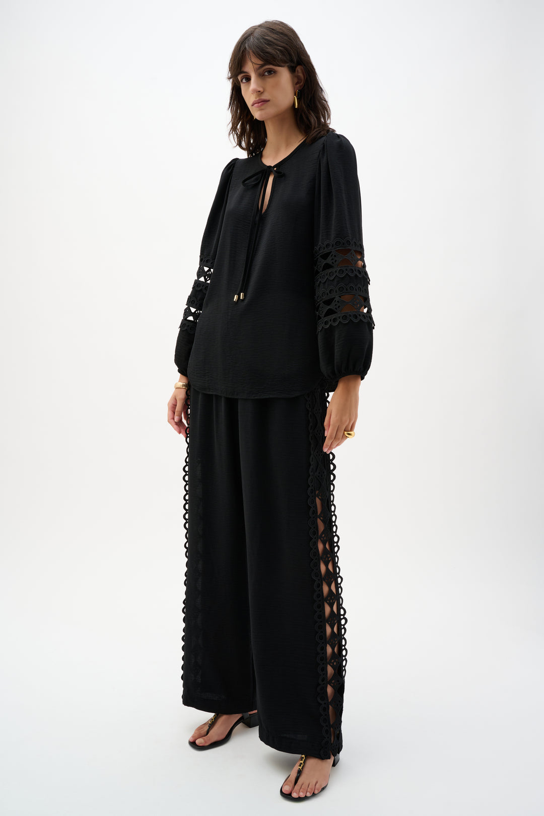 Gauze Wide Leg Pull-On Pants With Guipure Trim 262184