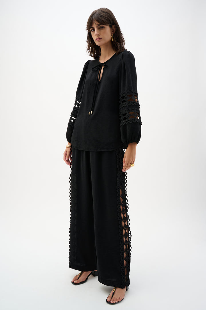 Gauze Wide Leg Pull-On Pants With Guipure Trim 262184