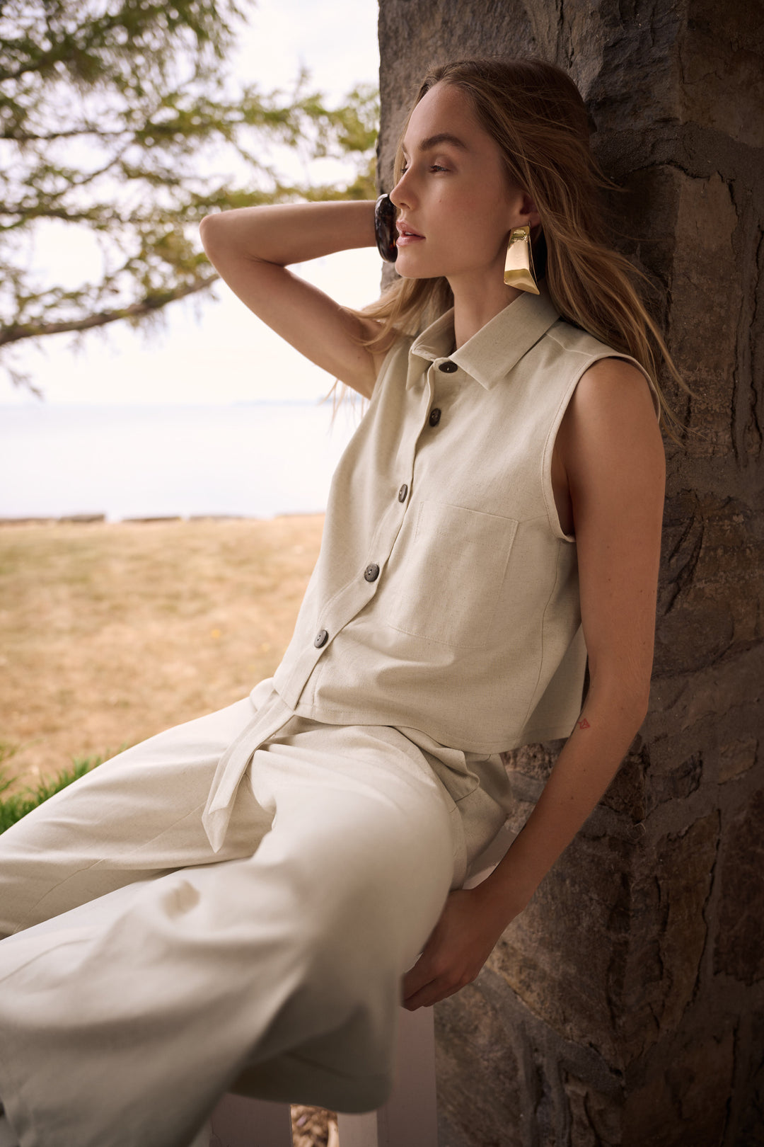 Linen Sleeveless Straight Shirt Top 262186