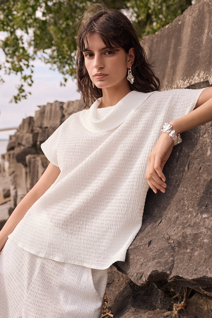 Textured Knit Cowl Collar Boxy Top 262194