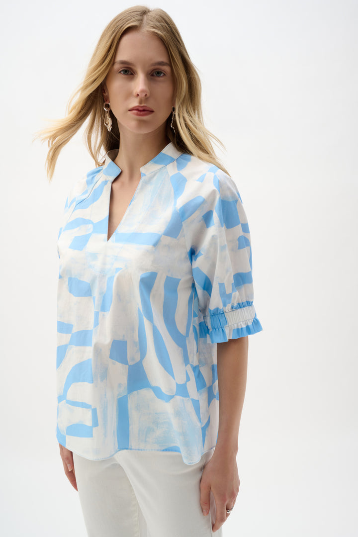 Stretch Cotton Geometric Print Straight Top With Puff Sleeves 262199