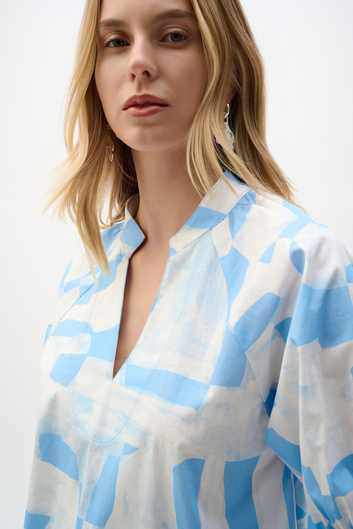 Stretch Cotton Geometric Print Straight Top With Puff Sleeves 262199