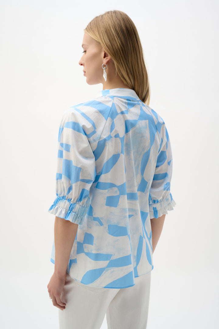 Stretch Cotton Geometric Print Straight Top With Puff Sleeves 262199