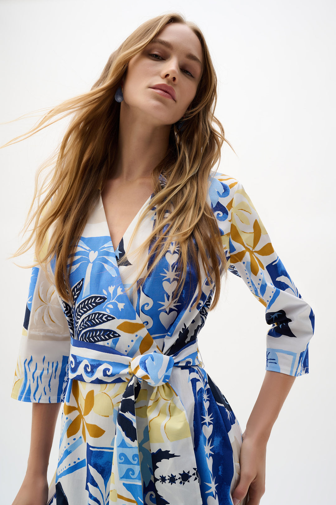 Stretch Cotton Tropical Print A-Line Wrap Dress 262225