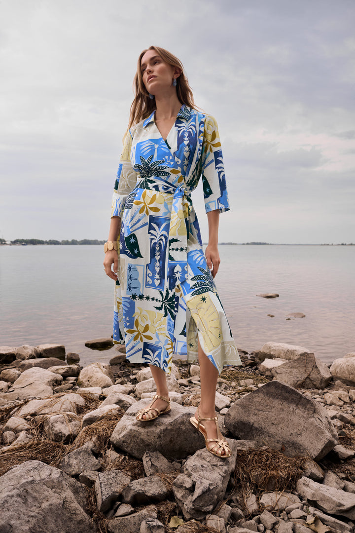 Stretch Cotton Tropical Print A-Line Wrap Dress 262225