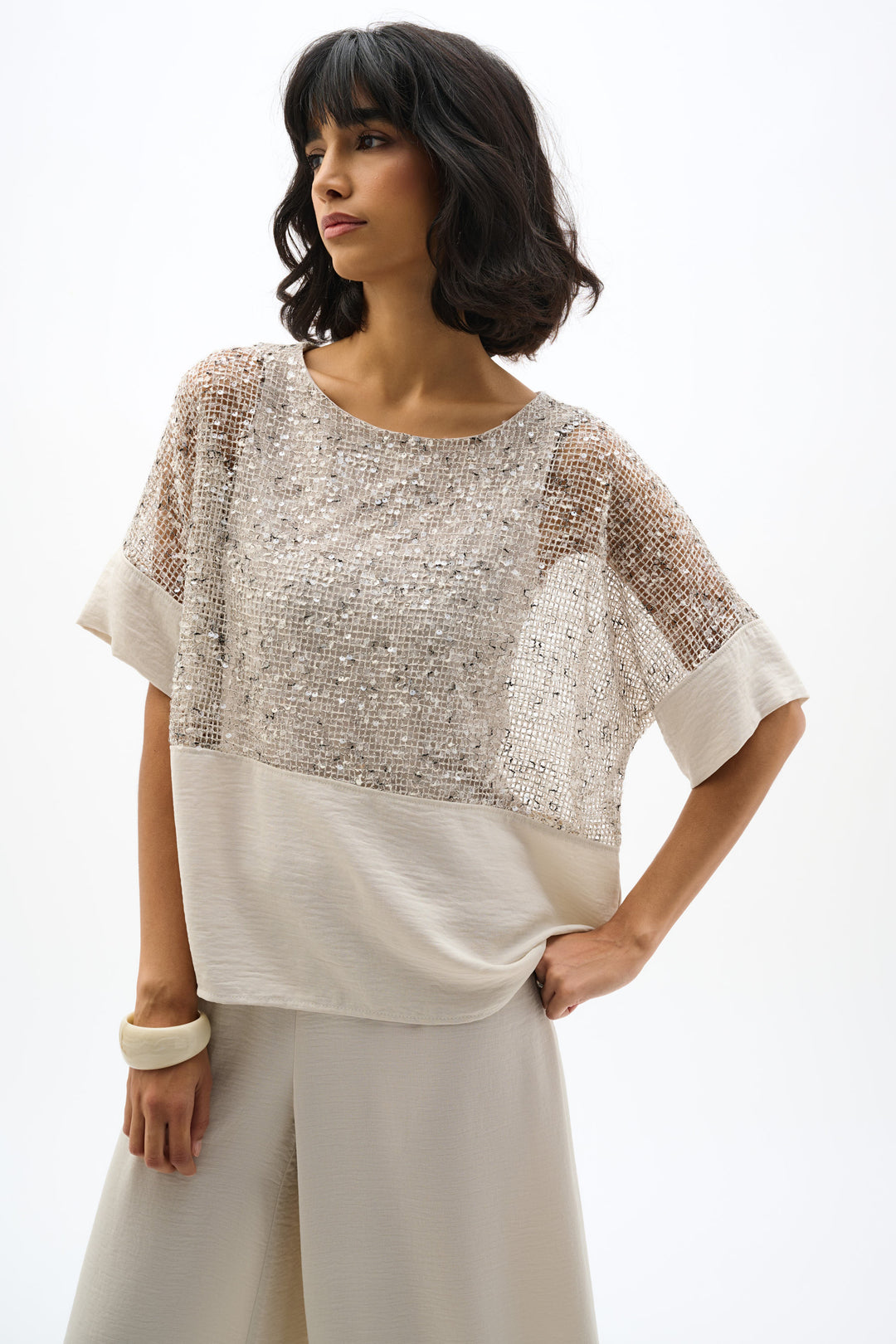 Sequined Mesh and Gauze Boxy Top 262256