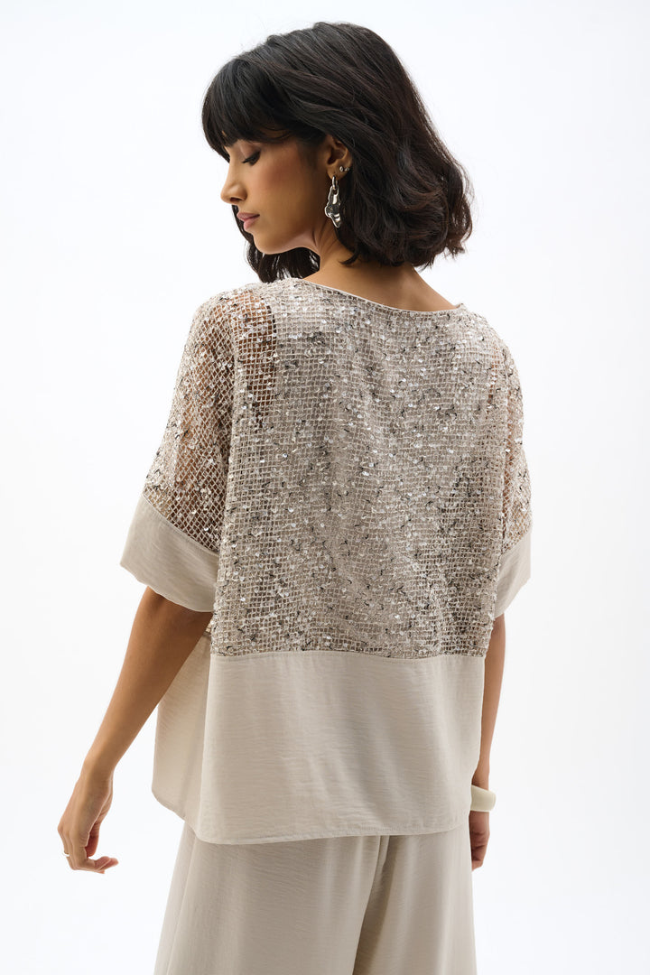 Sequined Mesh and Gauze Boxy Top 262256