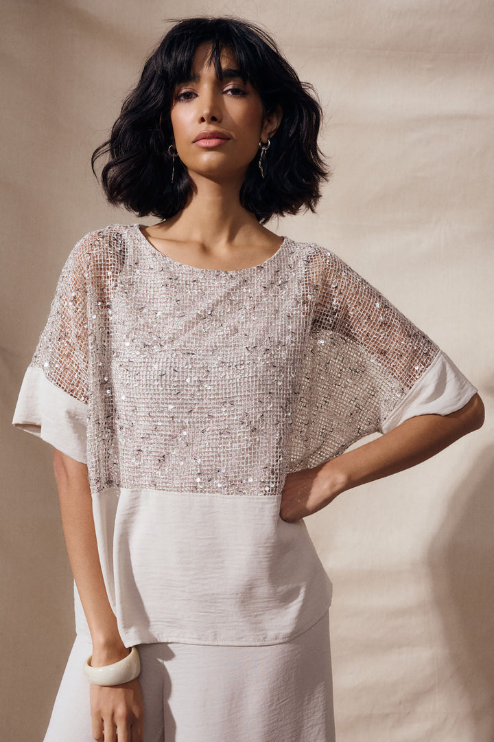 Sequined Mesh and Gauze Boxy Top 262256