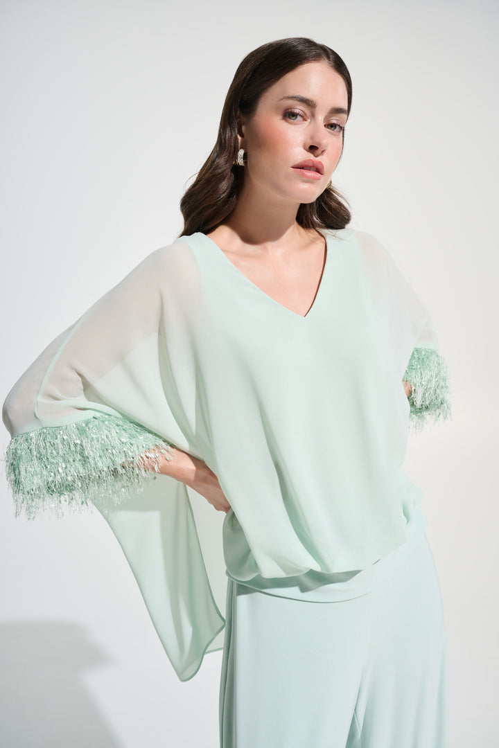 Chiffon Knit Poncho Top With Novelty Trim 262711