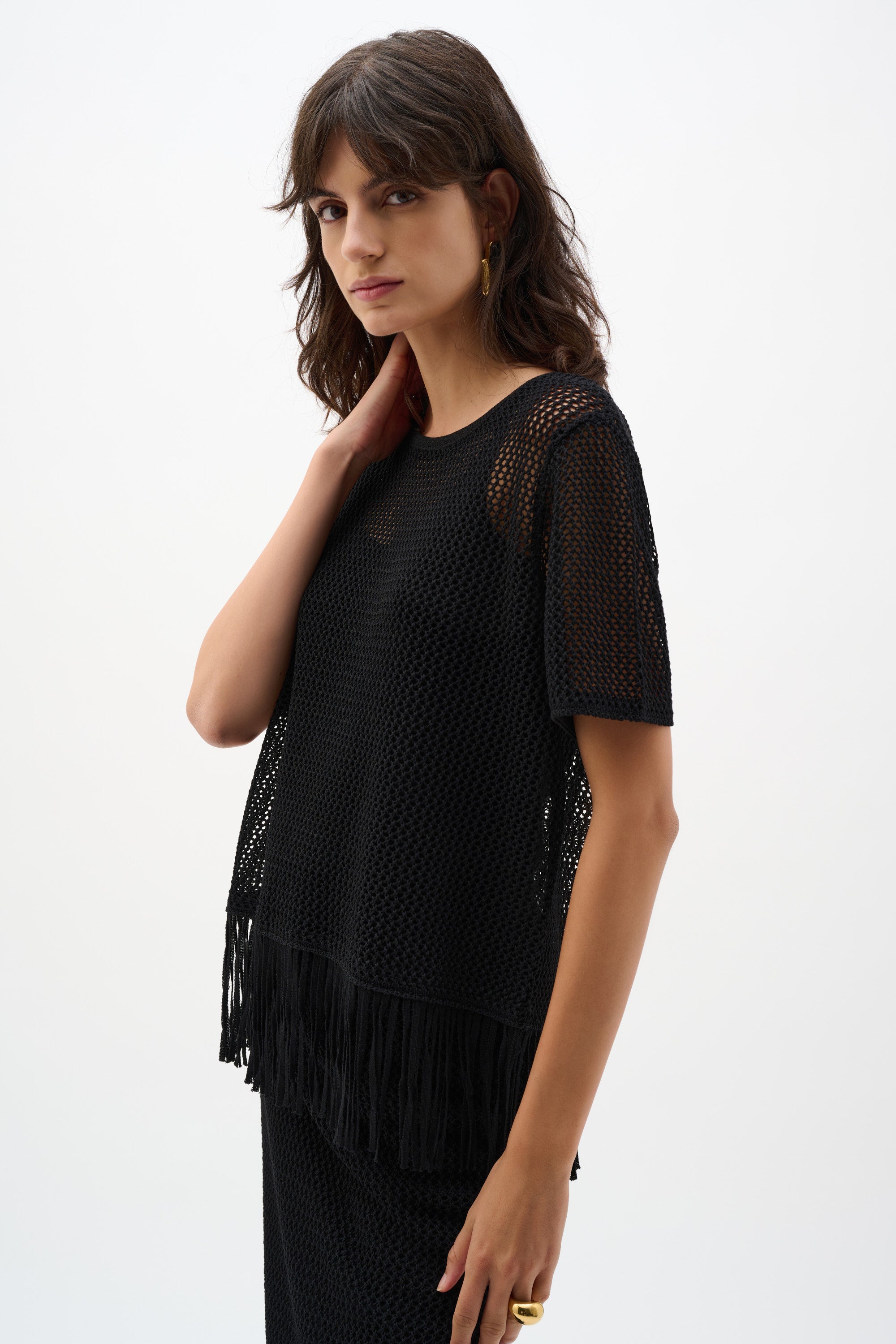 Joseph Ribkoff Viscose Sweater Knit Top With Fringe Trim 262928