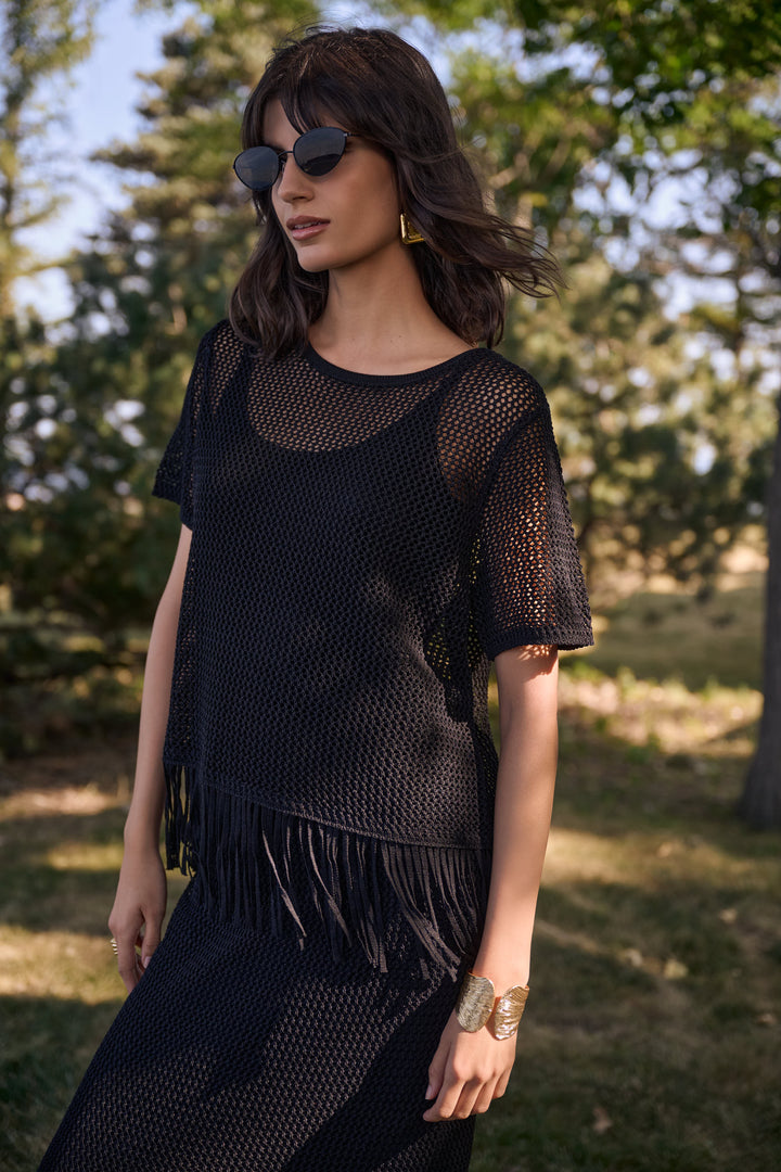 Viscose Sweater Knit Top With Fringe Trim 262928