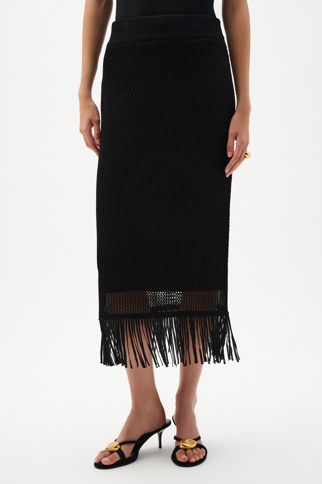 Viscose Sweater Knit Pull-On Skirt With Fringe Trim 262929
