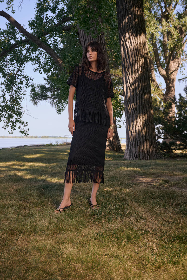 Viscose Sweater Knit Pull-On Skirt With Fringe Trim 262929