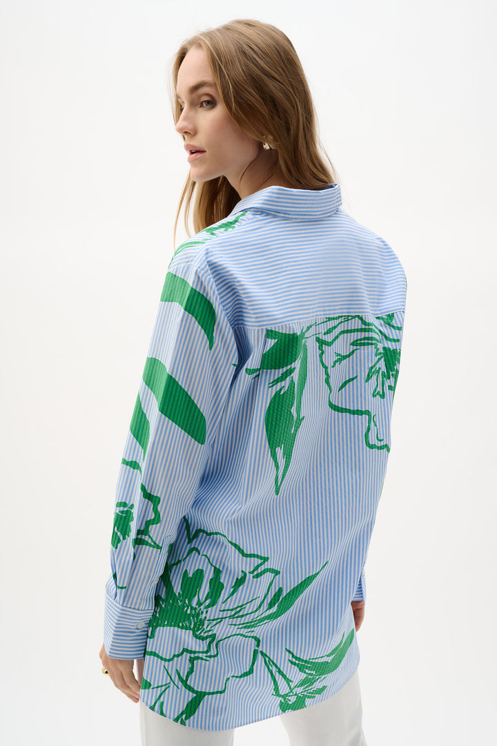 Cotton Stripe Floral Print Boxy Blouse 262951